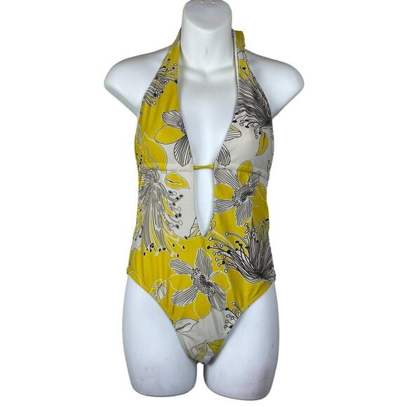 Bond-eye Swim One Piece White Yellow Open Back Floral Keyhole‎ Size XS - Picture 1 of 5